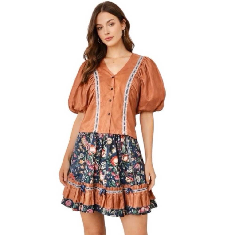 Handmade One of a Kind Two Piece Skirt Set Puff Sleeve Cottagecore Western